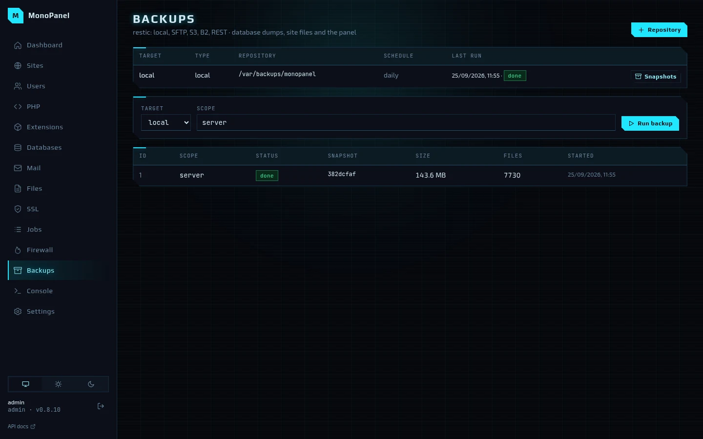 Backups: a restic repository and snapshots