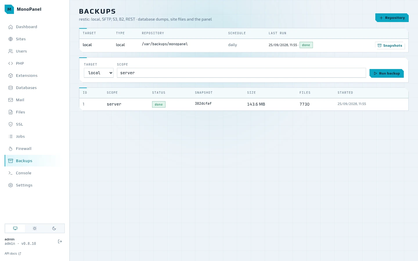 Backups: a restic repository and snapshots