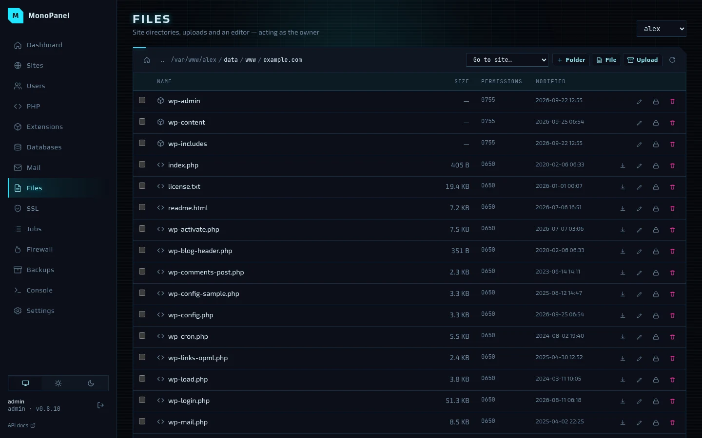 File manager in a site directory