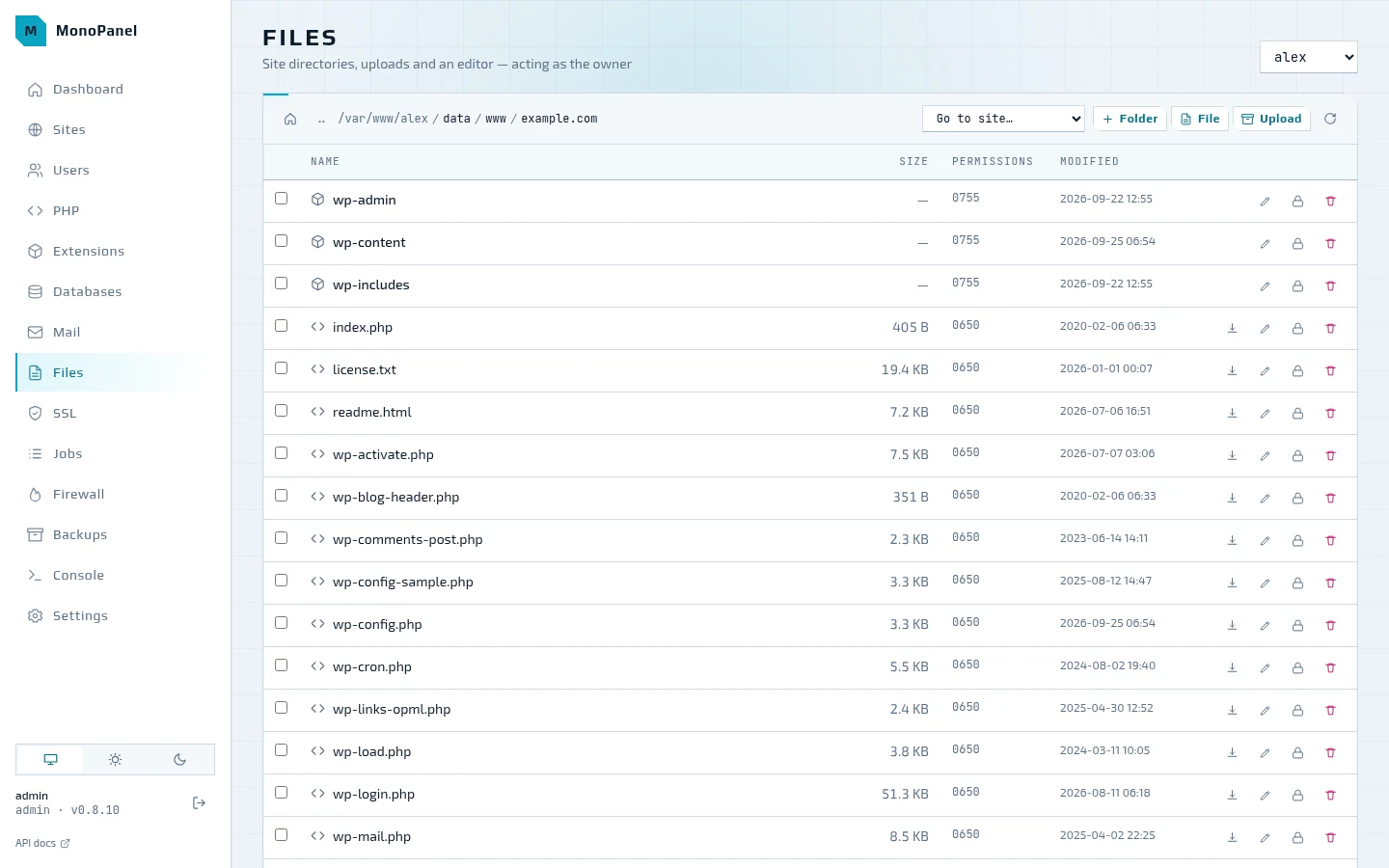 File manager in a site directory