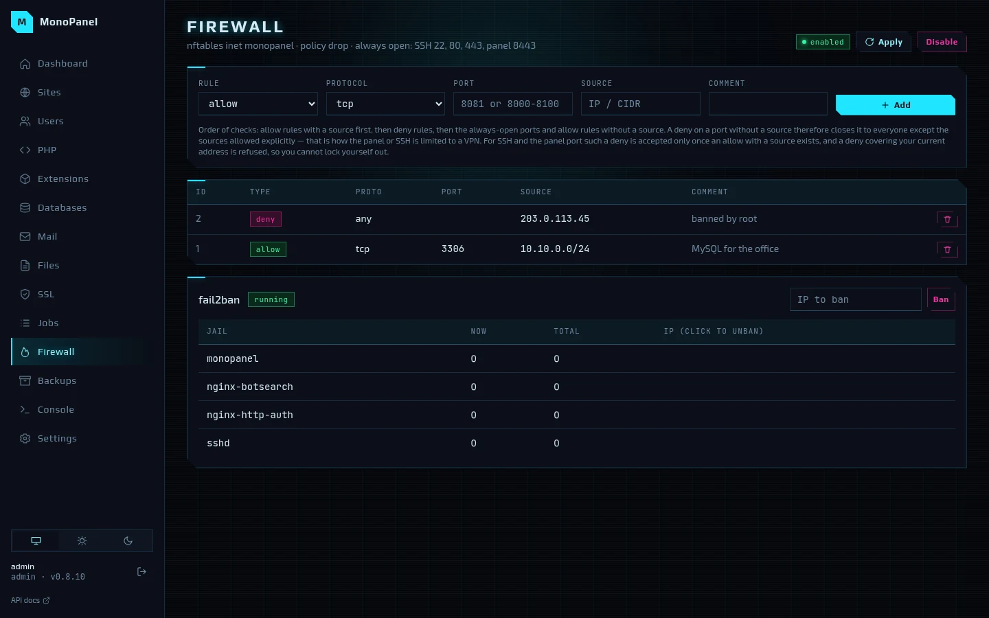 Firewall: nftables rules and fail2ban