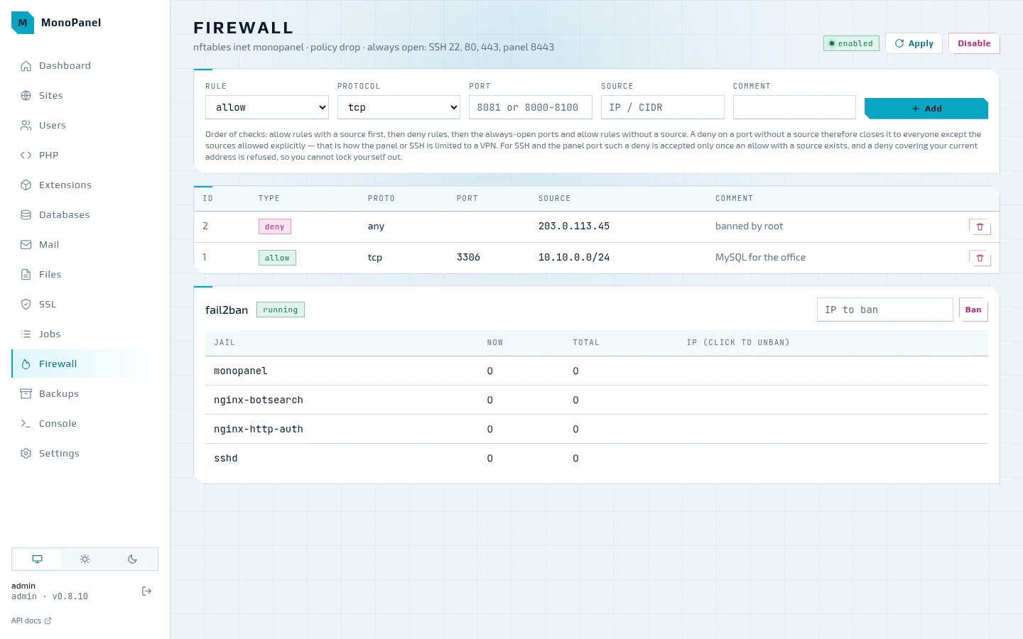 Firewall: nftables rules and fail2ban