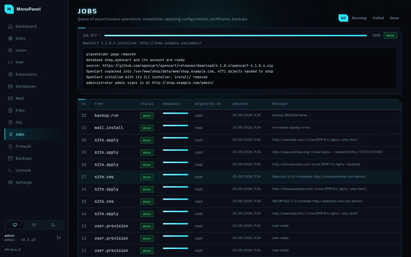 Jobs and the log of an OpenCart installation