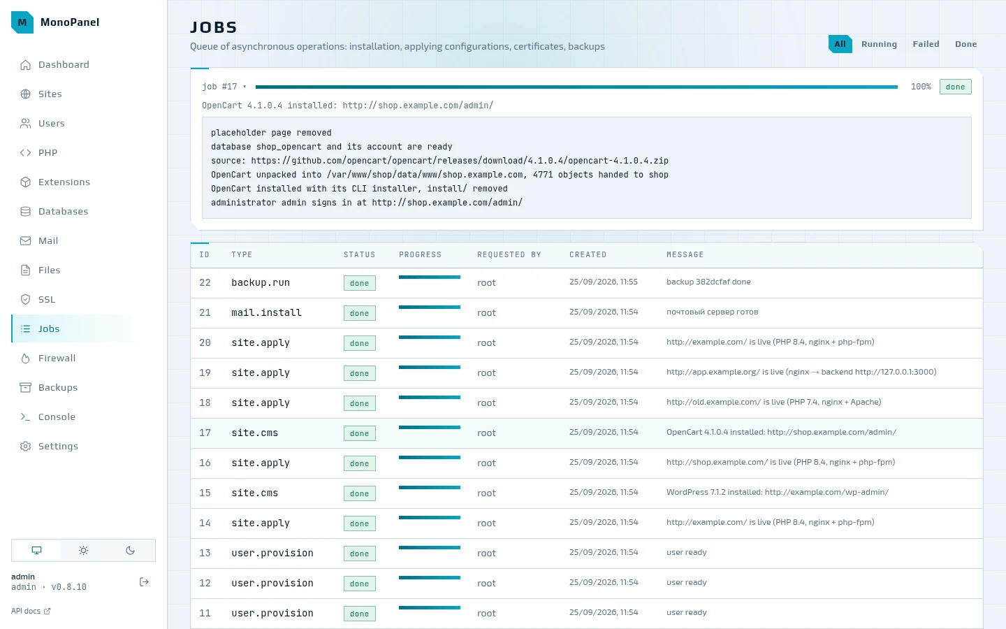 Jobs and the log of an OpenCart installation