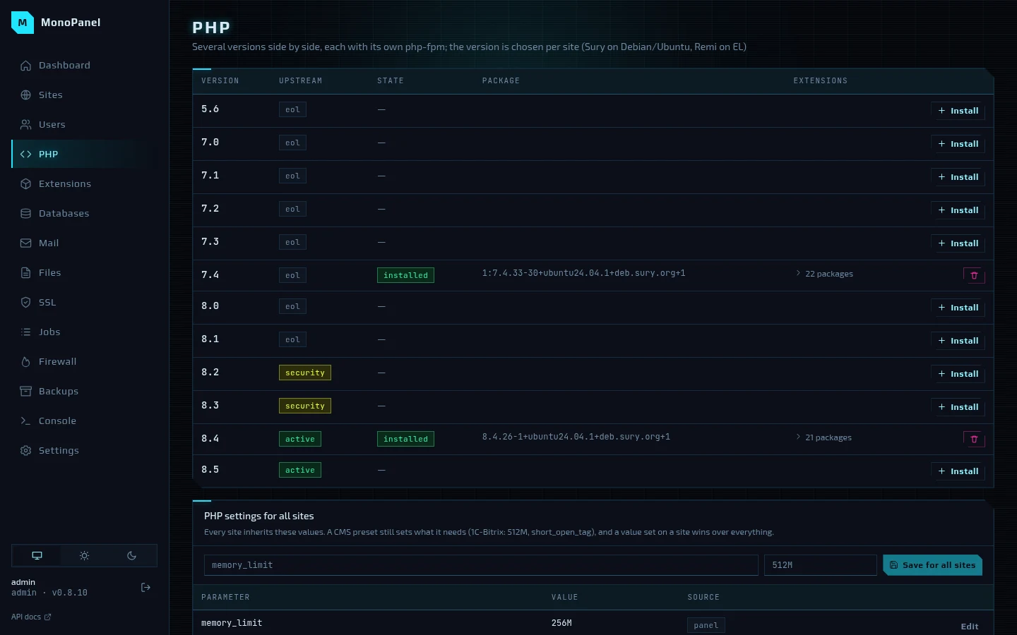 PHP: branches from 5.6 to 8.5 and settings for all sites