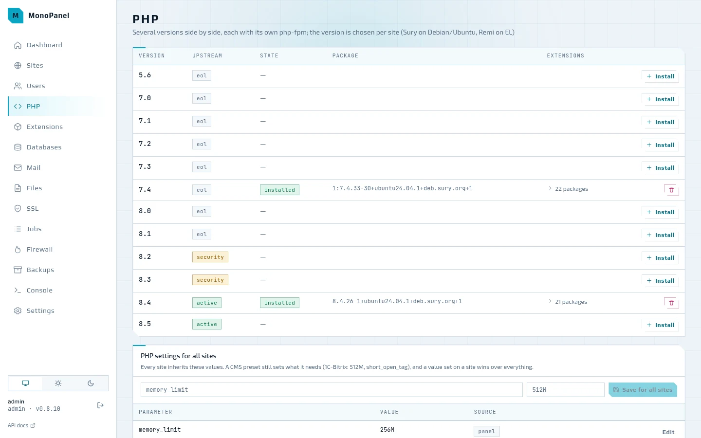 PHP: branches from 5.6 to 8.5 and settings for all sites