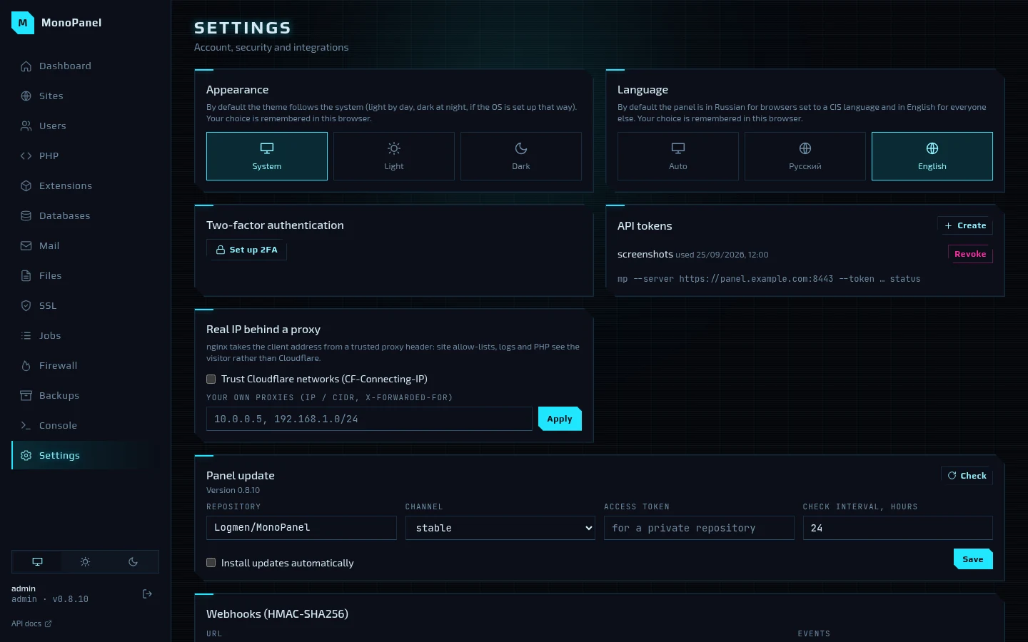 Settings: theme, language, 2FA, API tokens, panel update