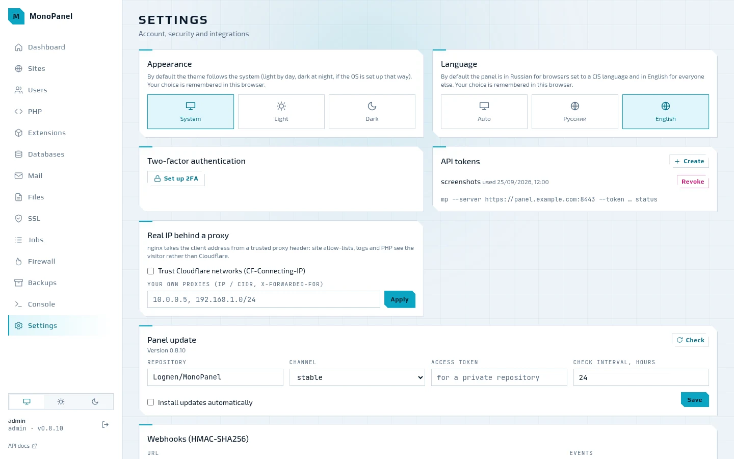 Settings: theme, language, 2FA, API tokens, panel update