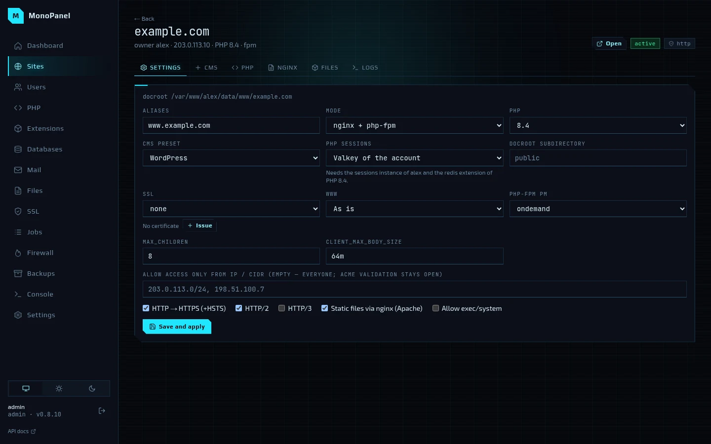 Site page for example.com