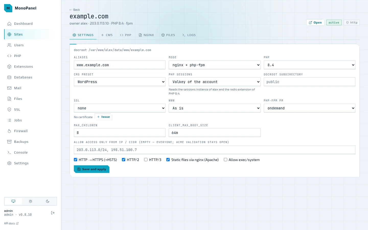 Site page for example.com