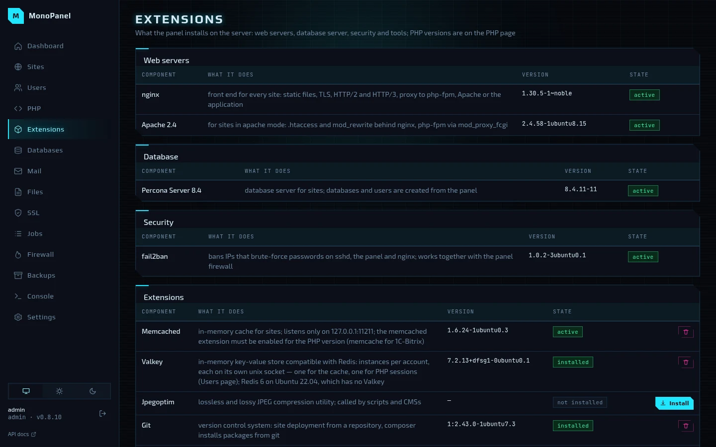 Extensions: web servers, database server, fail2ban and tools
