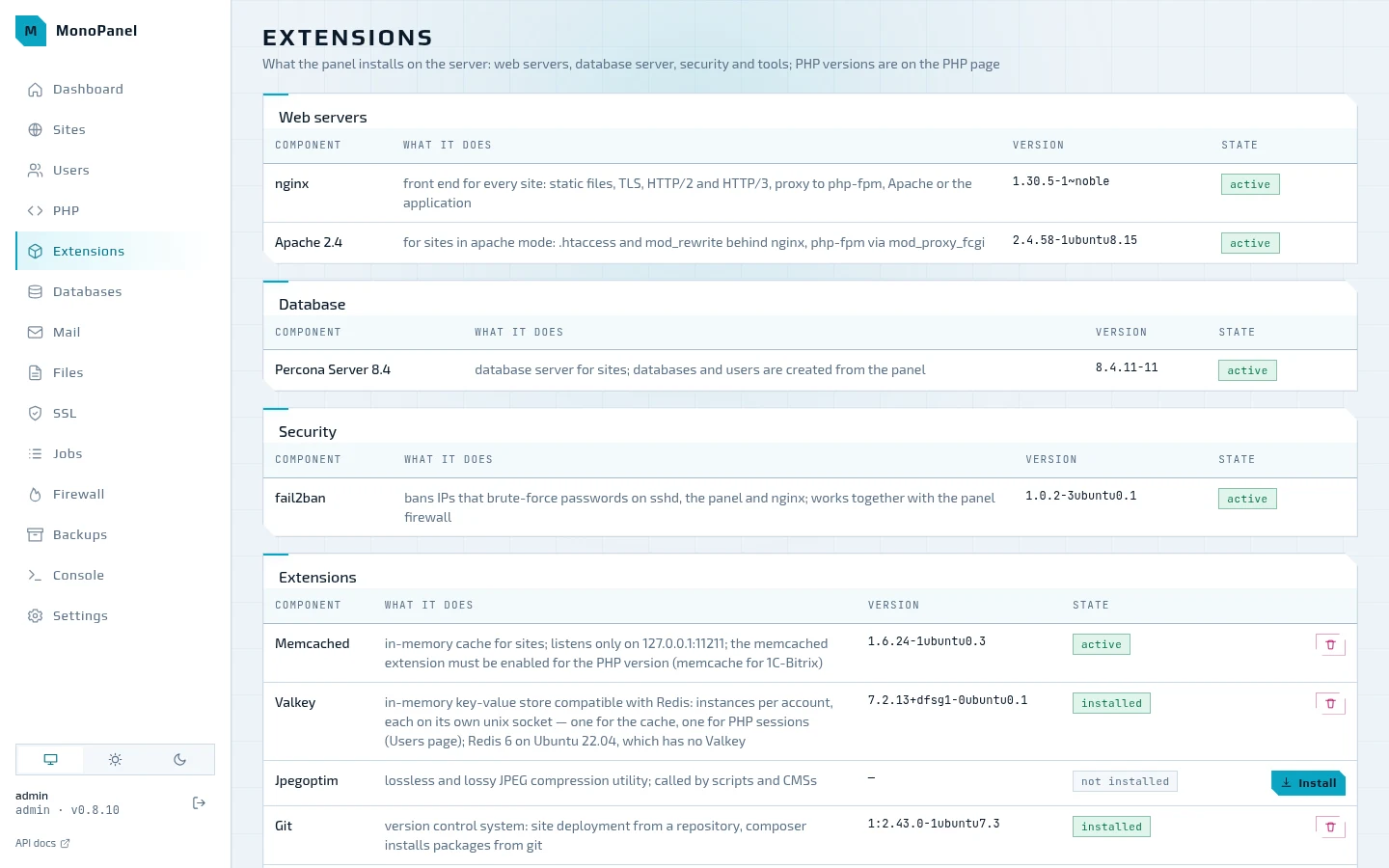 Extensions: web servers, database server, fail2ban and tools