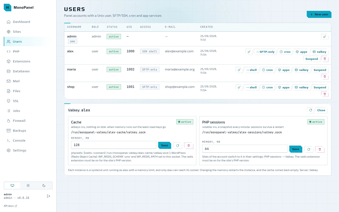 The account's Valkey: instances for the cache and for PHP sessions